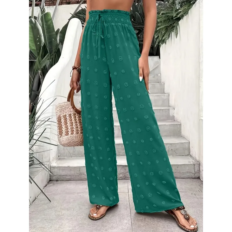กางเกงขายาวทรงหลวมเอวสูงสำหรับผู้หญิงไซส์ใหญ่ แฟชั่นลำลองสีพื้น เสื้อผ้าผู้หญิงสุดหรู