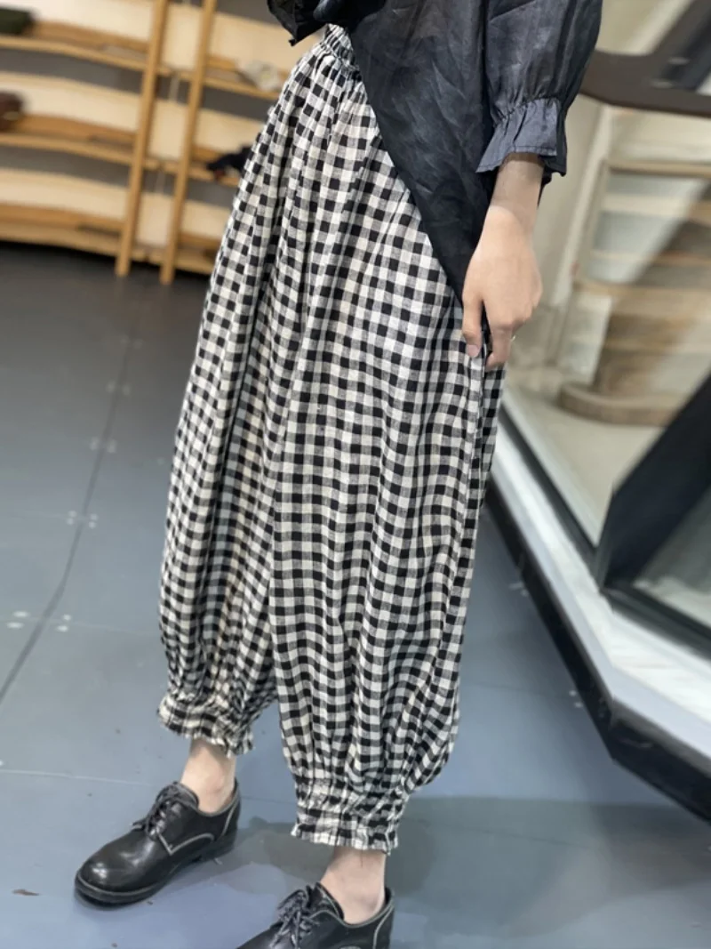 Retro Japanische Sle Bla Weiß Plaid Baumwolle Leinen Laterne Hosen Lose Elastische Taille Vielseitig Harajuku Sle plus Größe Frauen...