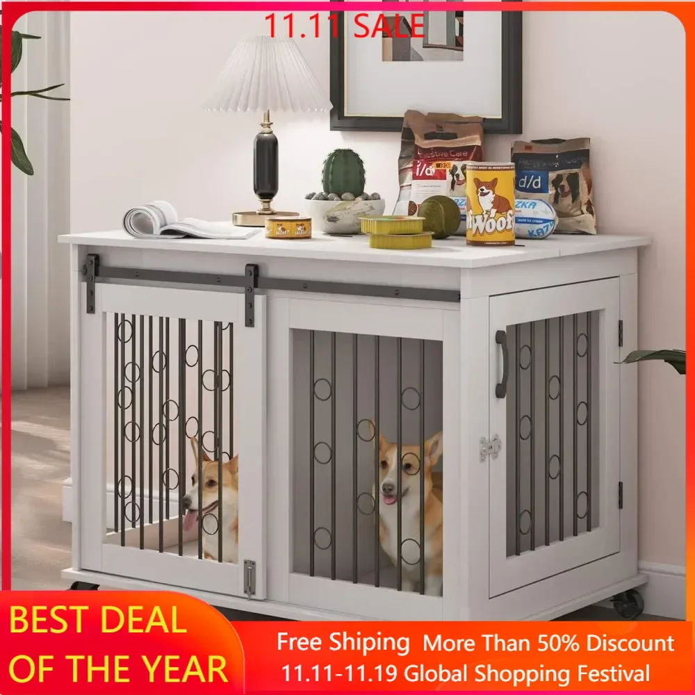 Dog Crate, End Table with Wheels and Flip Top Plate Dog House with Detachable Divider and Sliding Barn Door, Dog Crate