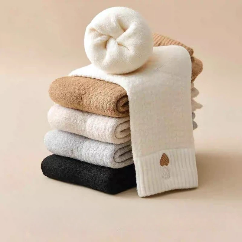 5 Pairs 2026 Cute Thick Autumn and Winter Women's Mid-calf Socks Warm Heart-shaped Embroidery Thermal Socks for Women Cozy Socks