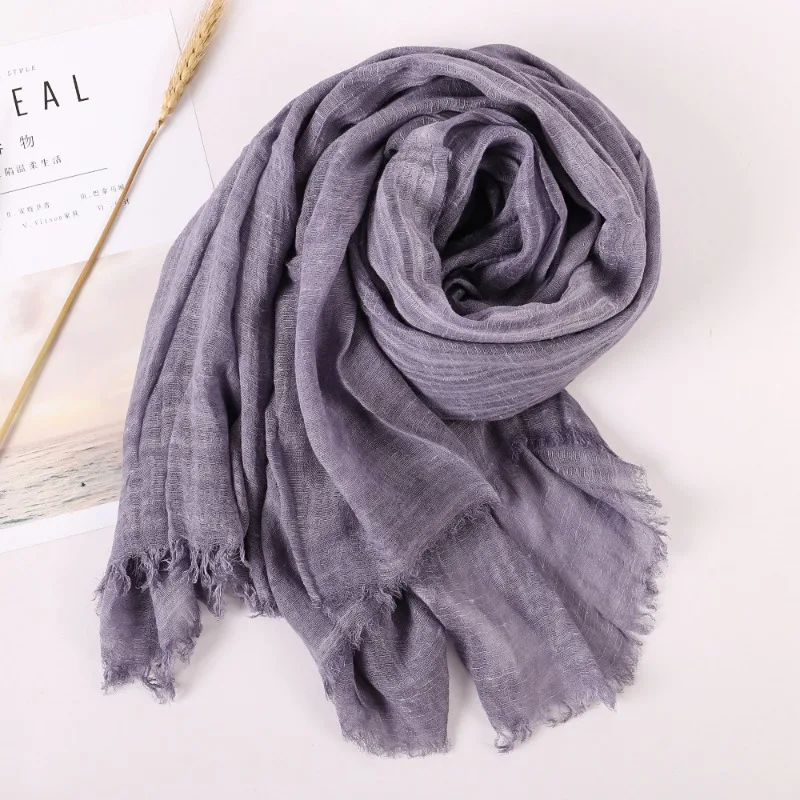 VREOVOR Spring and Summer New Solid Color Yarn Cotton and Linen Scarf Tassel Artistic Shawl Print Versatile Cotton and Linen