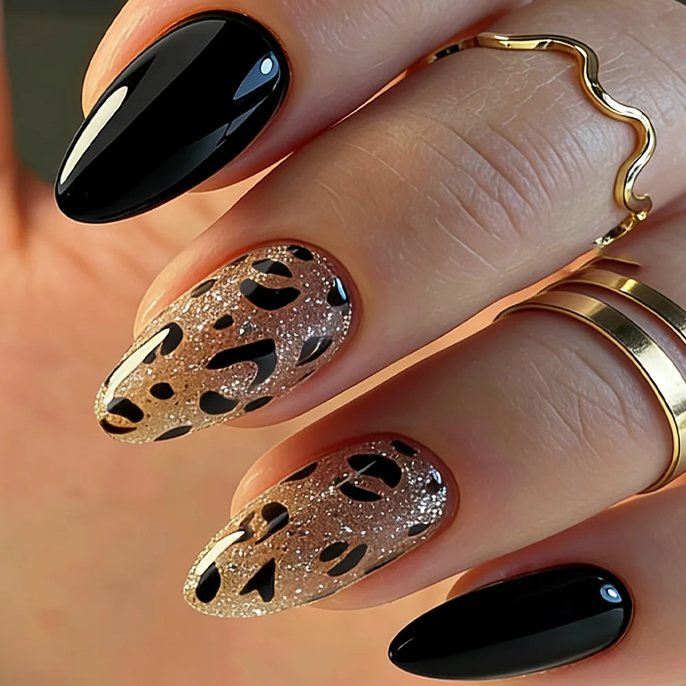 24 Stück/Set künstliche Mandel-Nägel für Frauen und Mädchen, schwarz, braun, Leopardenmuster mit Glitzer-Design, vollständige Abdeckung, Maniküre zum Aufdrücken
