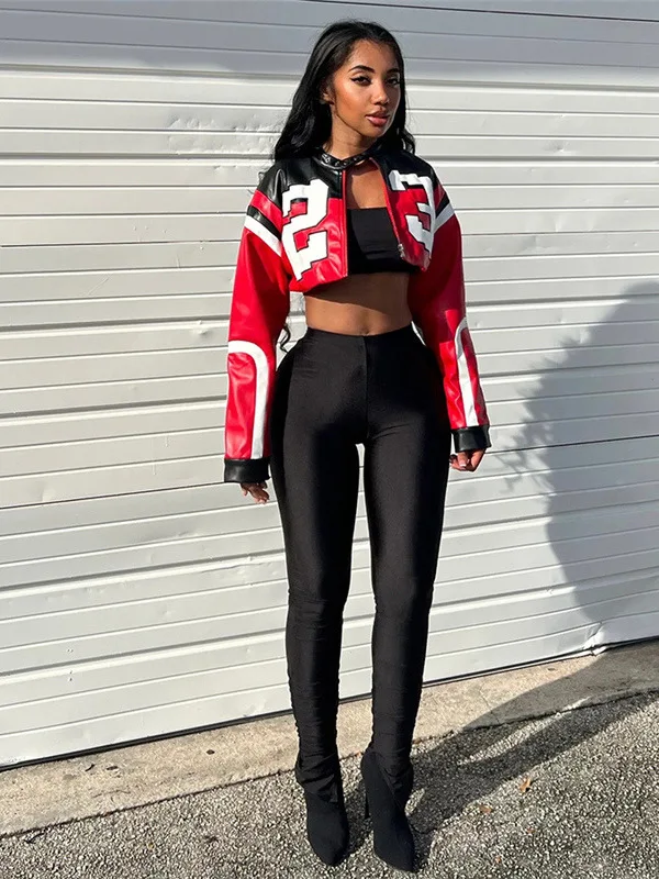 

Женская приталенная мотоциклетная куртка из искусственной кожи с цифровым буквенным принтом и цветовыми блоками, байкерская куртка-косуха для женщин