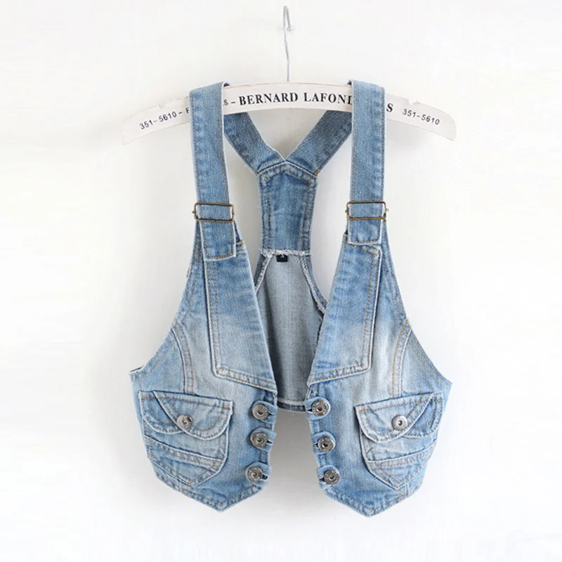 Vintage Blue Sling Denim Vest Women Spring Summer Waistcoat Sleeveless Jacket Coat Moto & Biker Slim Short Jeans Vests Female