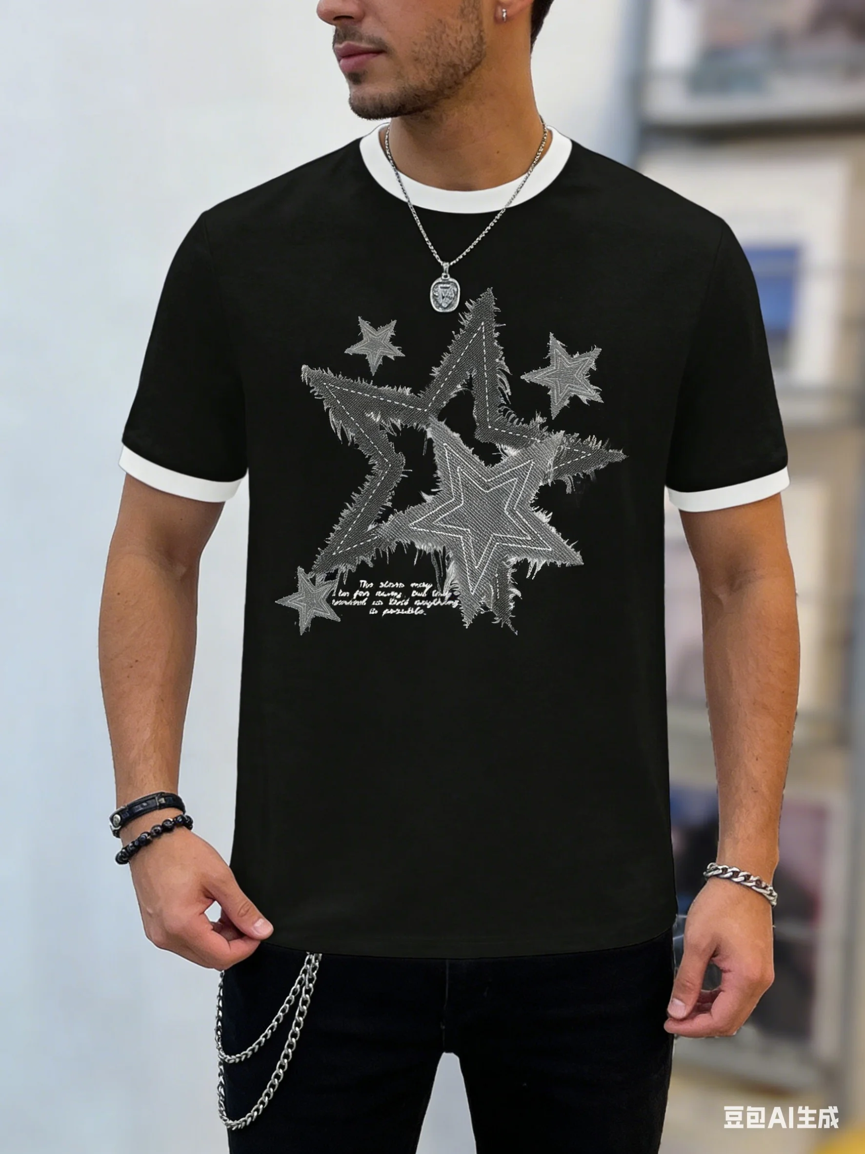 Men Summer T Shirt Grey Star Patch Graphic Tee Casual Short Sleeve Ringer Neck Top Vintage Streetwear Fashion Tops