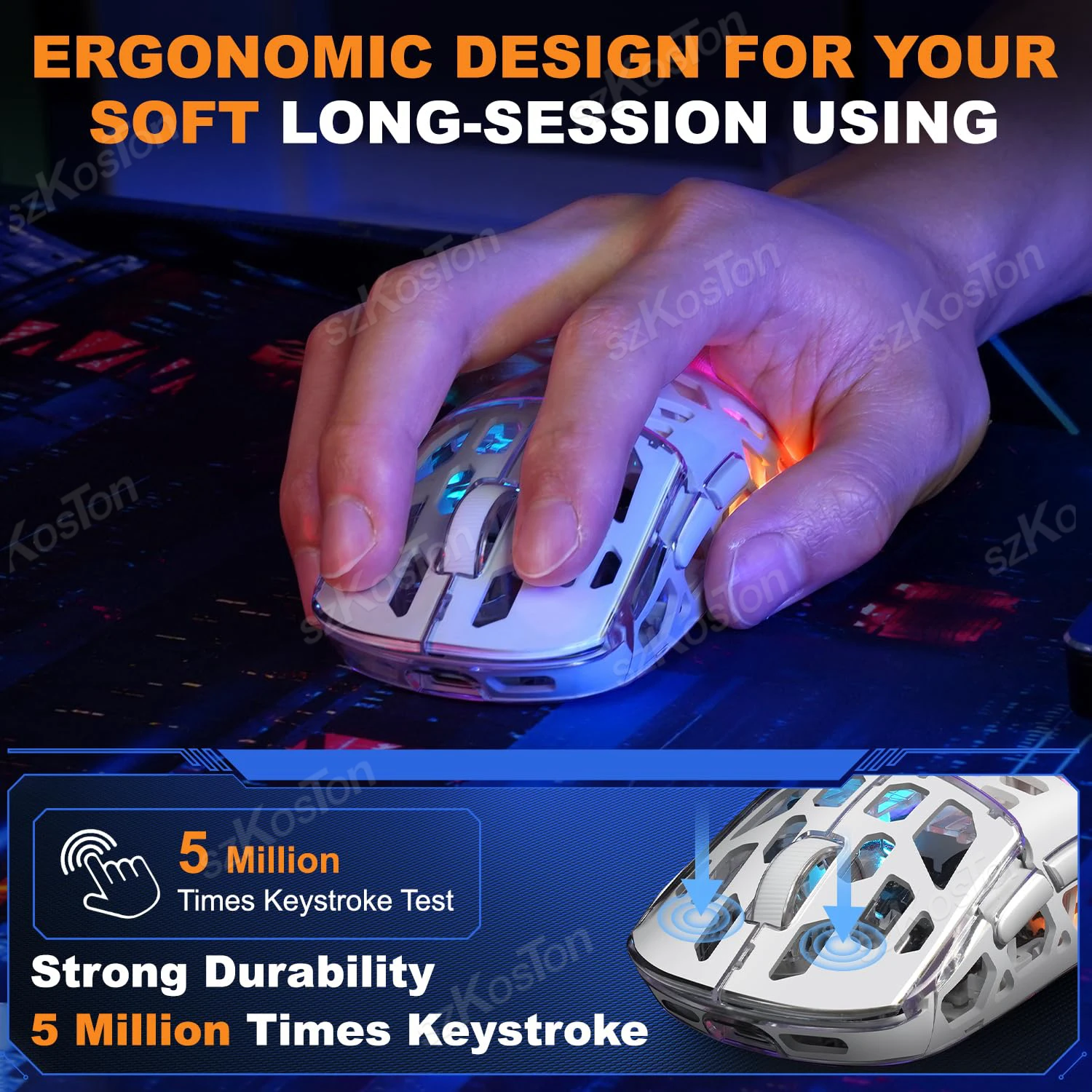 ماوس ألعاب 3 في 1 ثلاثي الوضع ماوس لاسلكي 11 أضواء RGB قابلة للتعديل DPI شفافة على شكل قرص العسل لنظام التشغيل Windows PC Mac