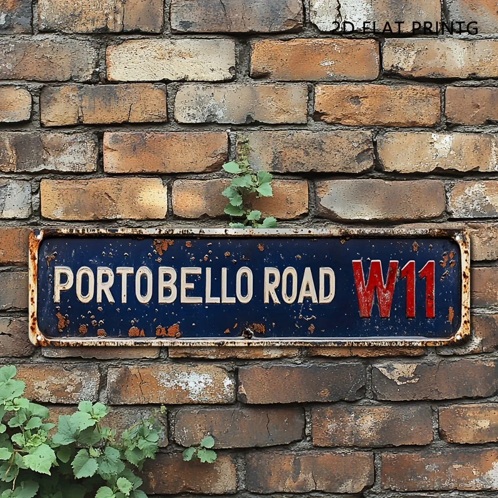 Letrero de aluminio Portobello Road W11 plano 2D de 15,7 "x 3,9", decoración rústica roja y azul envejecida Vintage, Ideal para uso interior/exterior, 1 ud.