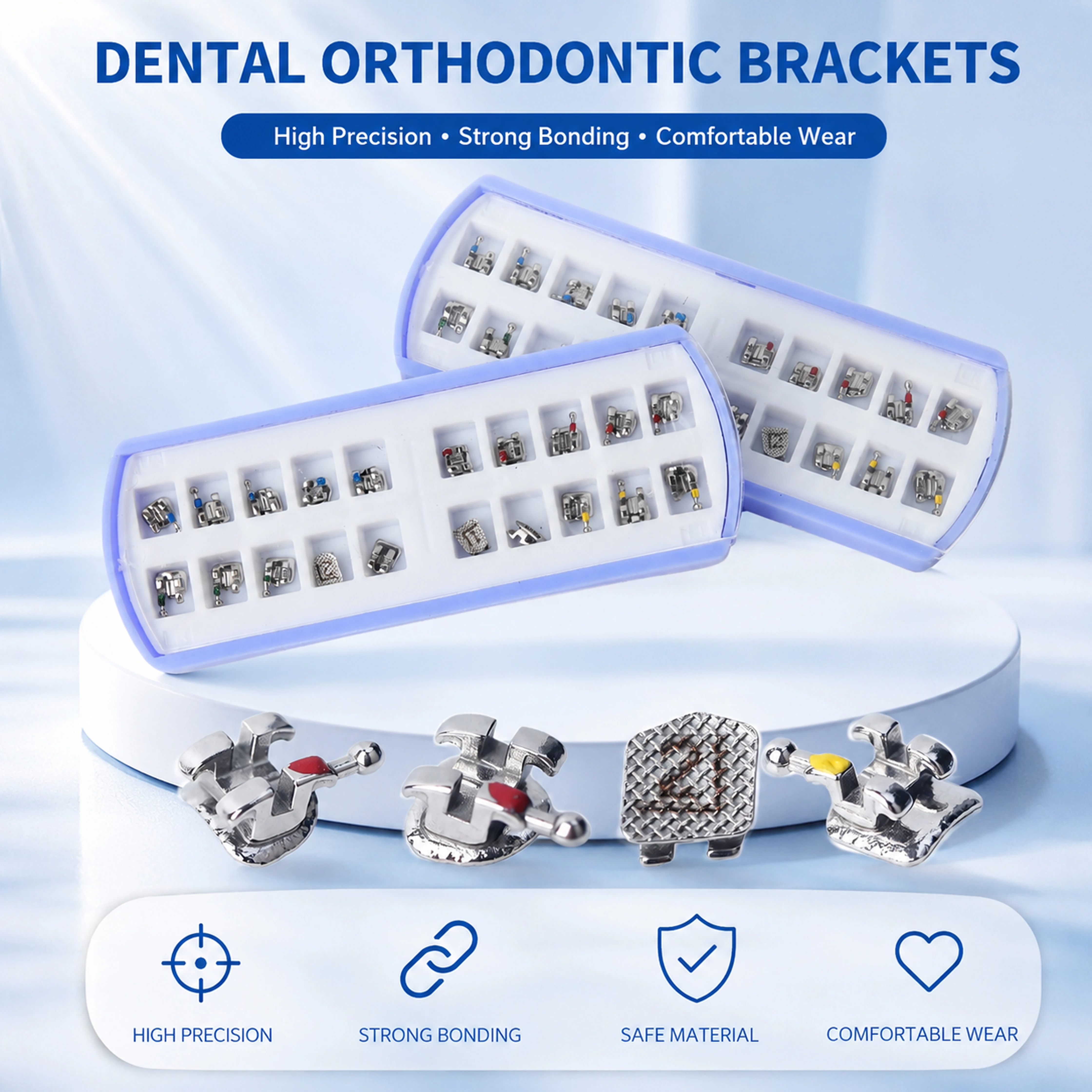 10 Cajas de Brackets Dentales de Ortodoncia MIM Monoblock con Base de Malla, Brackets Divididos Mini Roth/MBT 0.022" con 3-4-5 Ganchos CE
