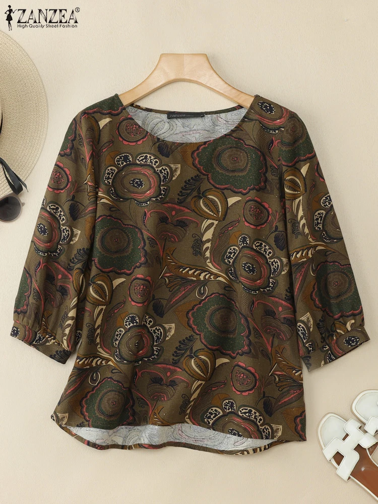 ZANZEA, blusa con estampado Floral de verano para mujer, camisas de manga 3/4 con cuello redondo, Túnica Vintage para vacaciones, Tops informales sueltos de algodón, Blusas Chemise