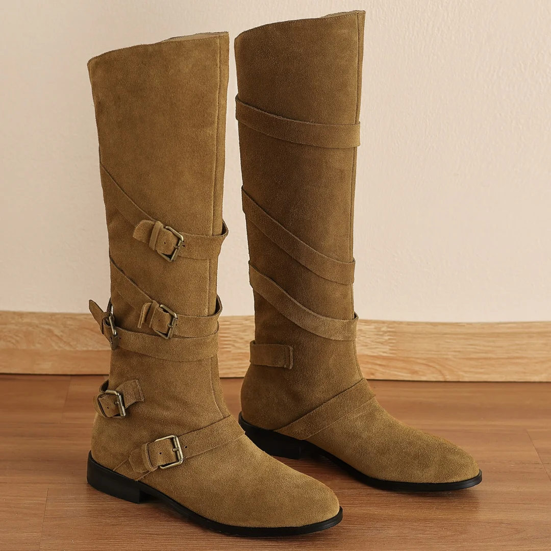 danxuefei women's genuine leather metal buckle slip-on flats autumn knee high high knight boots round toe casual long boots shoe