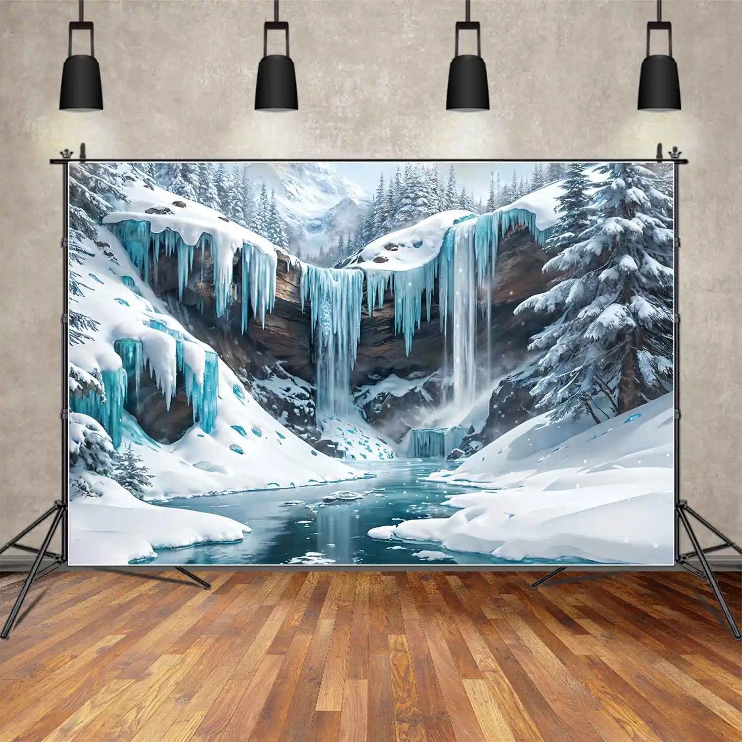 Telones de fondo de cascada congelada para niños, fondos fotográficos personalizados, paisaje azul, banderines