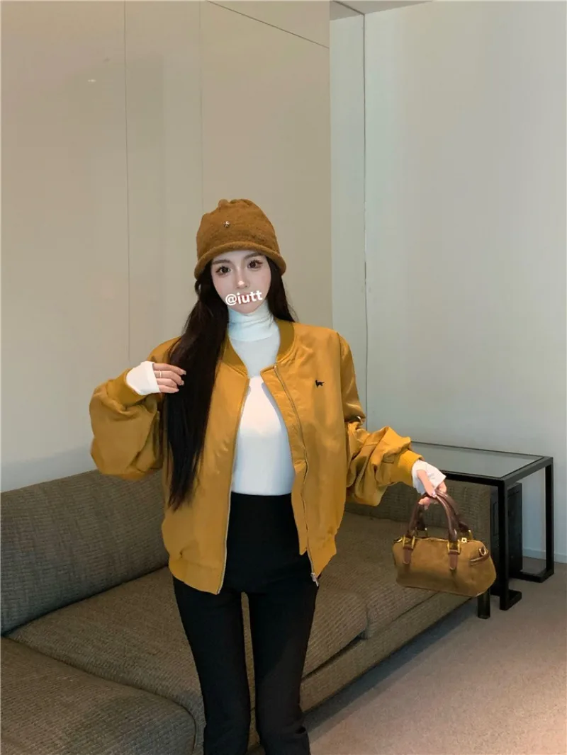 

Sweet Hot Girl O-neck Cotton Baseball Clip Jacket Women's Autumn Loose Embroidered Short Bomber Jacket Fashion Female Clothes