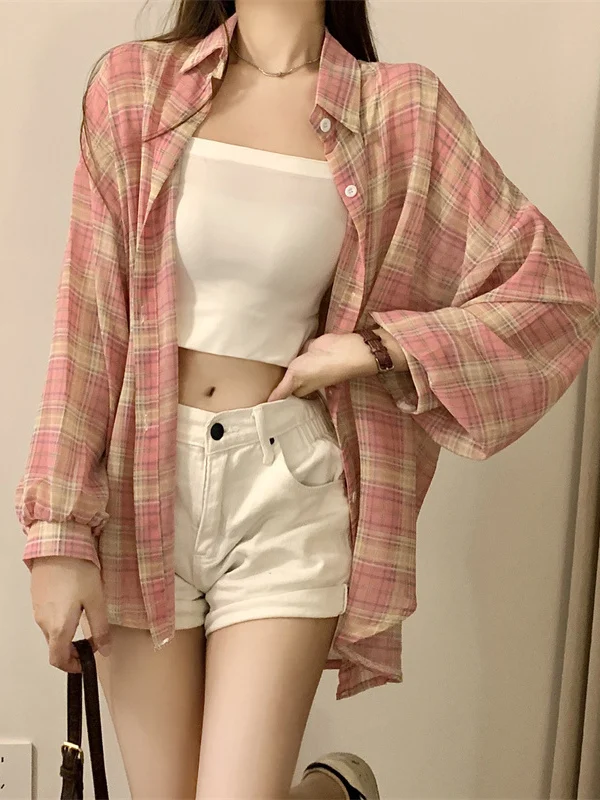 Summer Women's Plaid irt Loose Lazy Sle Air Conditioned Thin Casual Versatile Long Outerwear Cardigan Sun Protection Coat