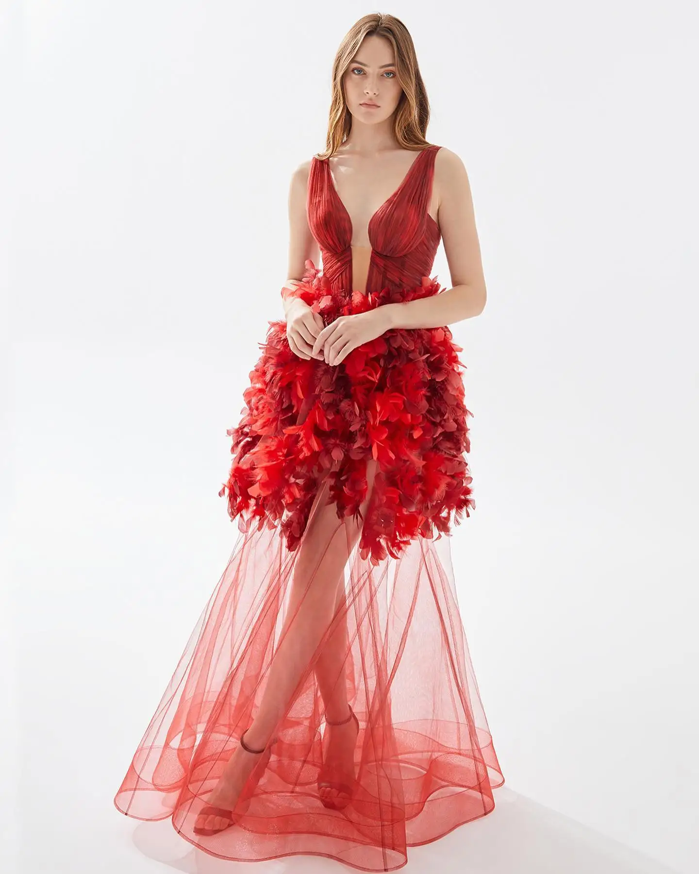 

Customized Graceful Organza A-Line Feathers Evening Dress Fashion Floor Length V-Neck vestidos para mujer Custom Made