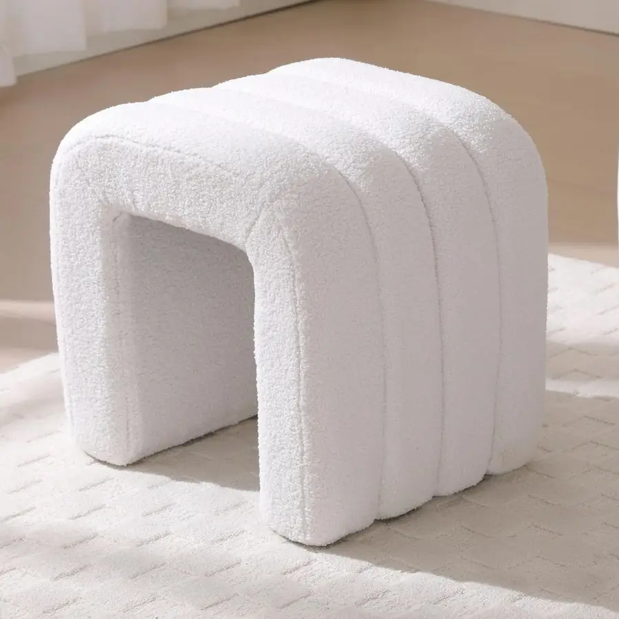 White Pouf Ottoman, 18 inch Cute Vanity Chair Couch Footrest with Soft Boucle Fabric and Sturdy Frame, Upholstered Footstool for