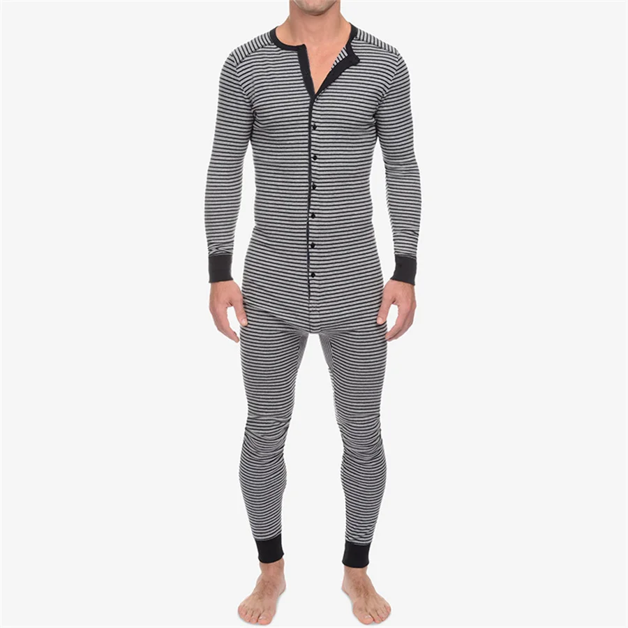 Men's Striped Pajamas O-neck Jumpsuit Men Home Clothes Long Sleeve Soft Rompers Male One-piece Nightwear Casual Sleepwear