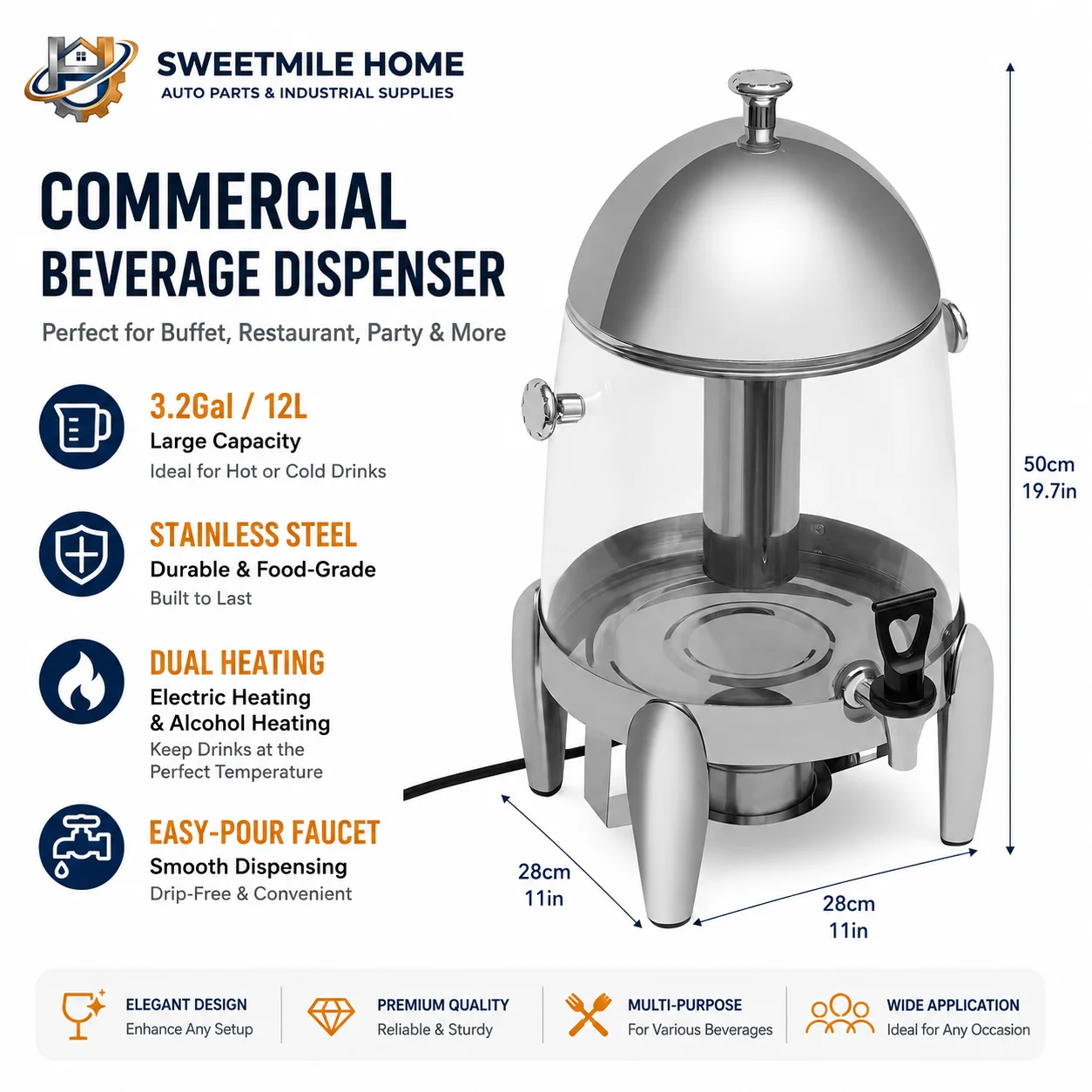 

3.2Gal Commercial Hot Beverage Dispenser and Juice Container with Electric & Alcohol Heating, 12L Stainless Steel Cold Drink Server for Buffet, Restaurant and Party