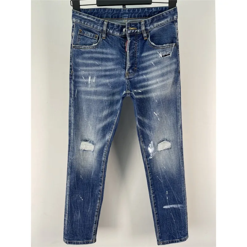

Мужские классические узкие синие джинсовые джинсы Мужские эластичные рваные джинсовые брюки в итальянском стиле Качественные мужские облегающие джинсовые брюки Размер 38
