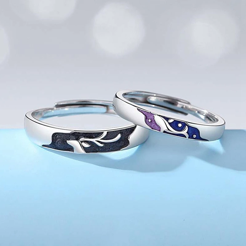 2 قطعة/المجموعة زوجين خواتم للنساء الشمس القمر دولفين أجنحة مخطط القلب الكهربائي الصليب مطابقة مجوهرات إصبع حلقة مفتوحة #5