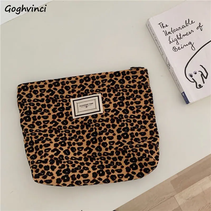 Vintage Leopard Canvas Clutches Women Zipper Makeup Cases Portable Travel Large Capacity Wash Bags Temperament Сумка Женская