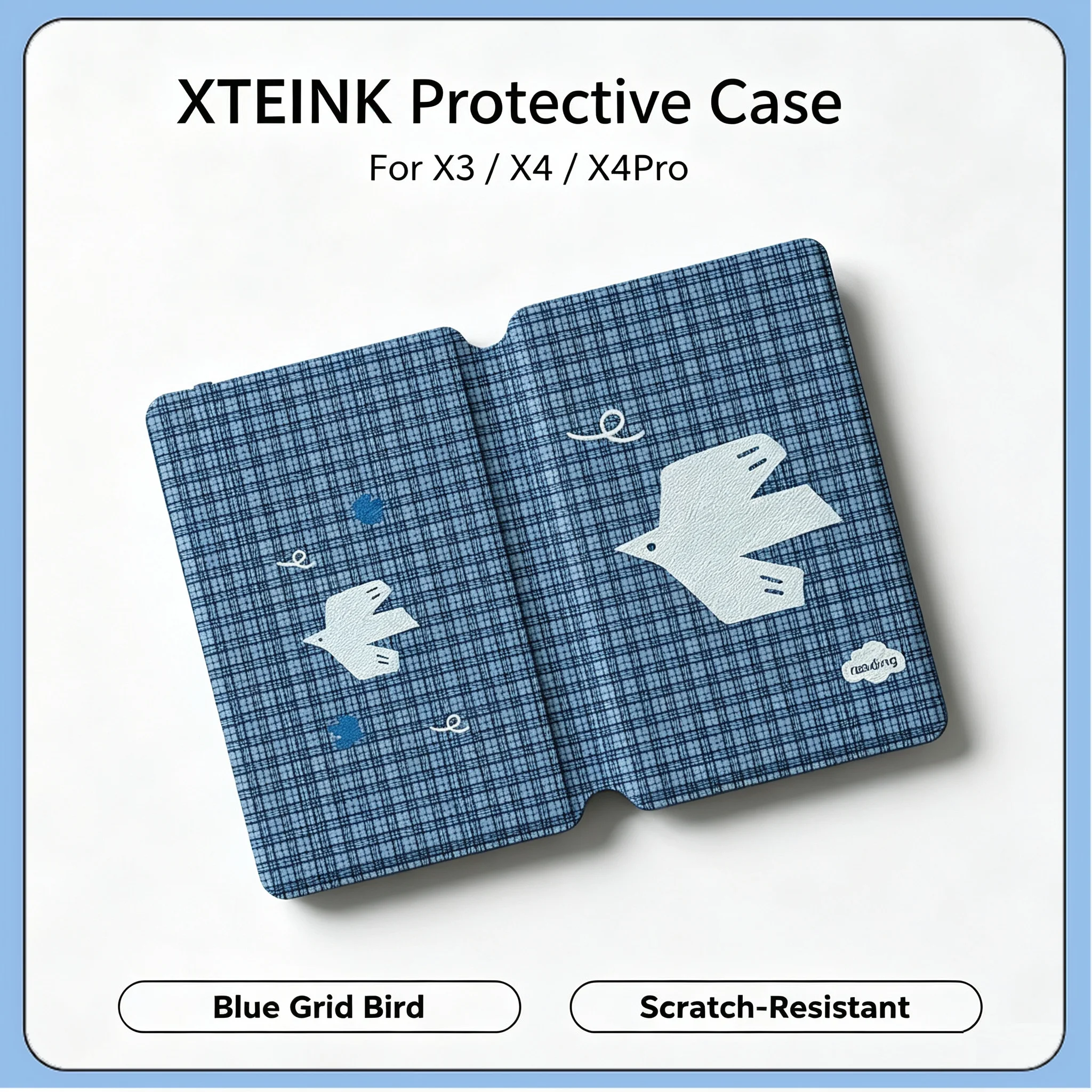 For XTEINK X3 X4 X4Pro E-Reader Grey Blue Plaid Pigeon Magnetic Detachable Protective Case TPU Inner Shell + Flip Folio Cover