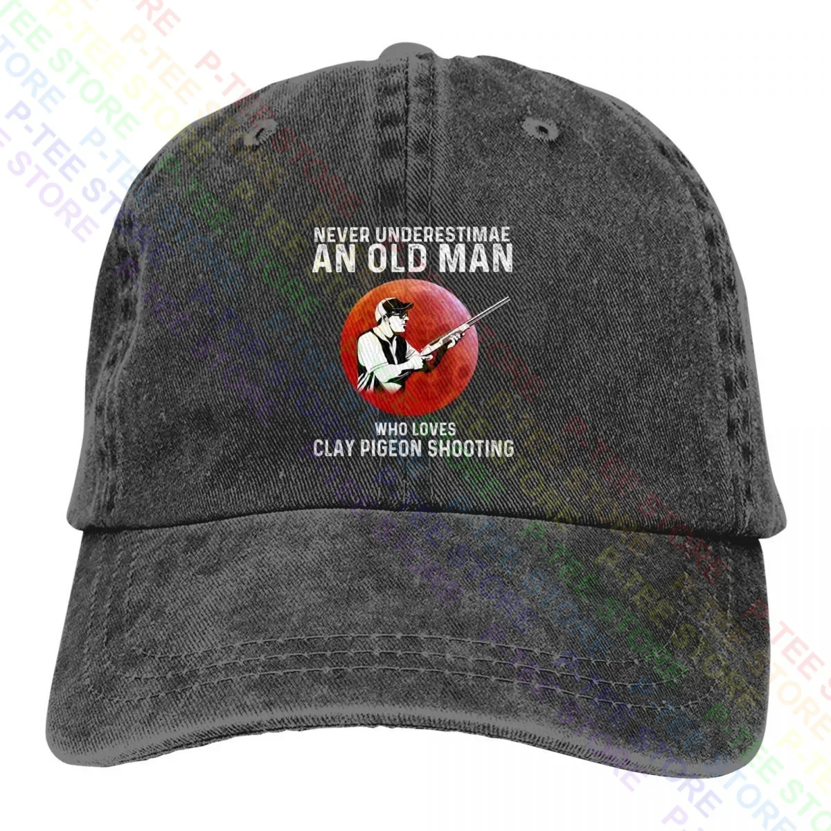 Never Underestimate An Old Man Who Loves Clay Pigeon Shooting Washed Denim Baseball Cap Trucker Hats Design