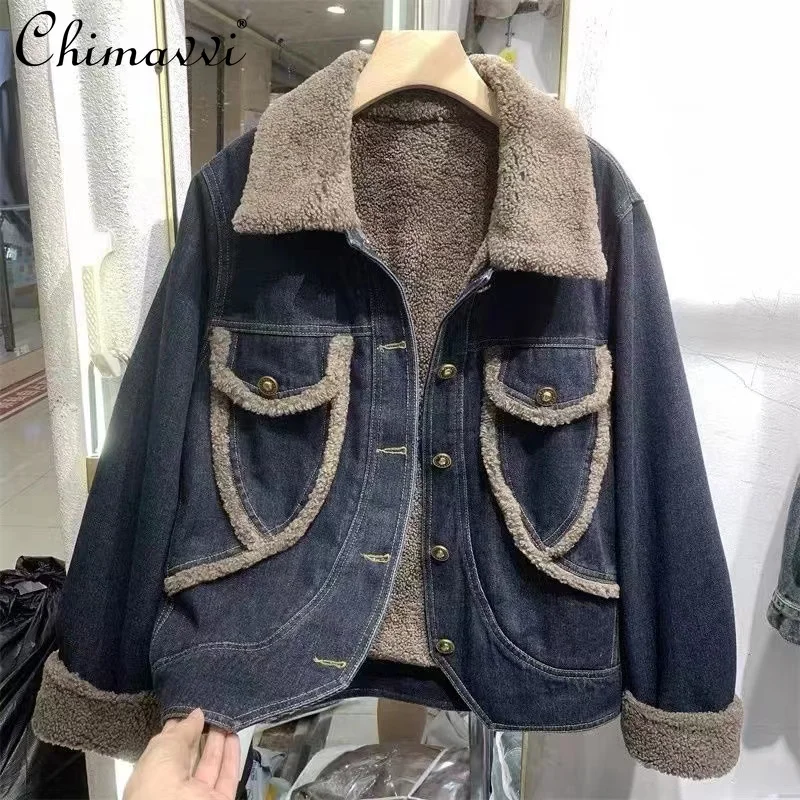 

2024 Autumn and Winter Velvet Lamb Wool Pie Overcome The Hong Kong Style Splicing Short Top Denim Jacket For Women