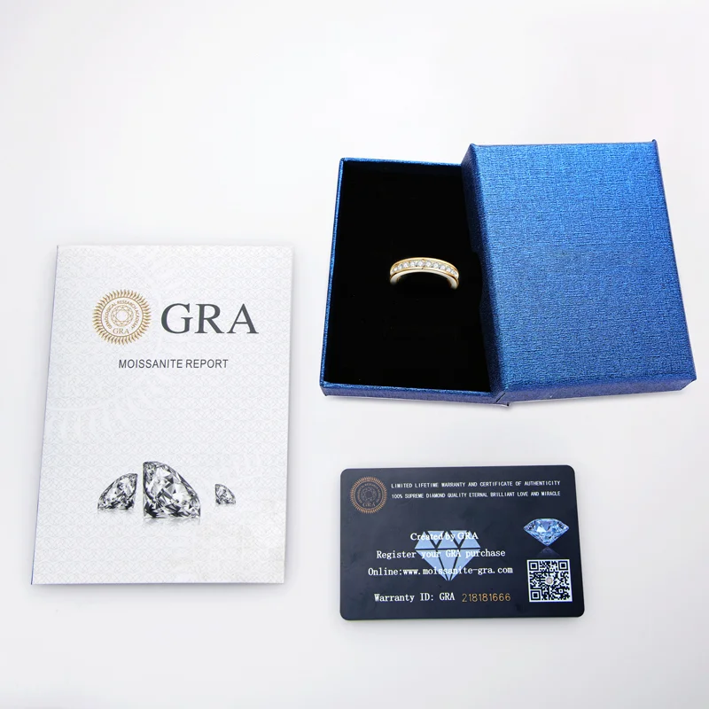 RAPRGOLD Echte S925 Zilveren Groef Ingelegd met D VVS1 Ronde Moissanite Ring voor Vrouwen Mode Trouwring met GRA Eternity Band