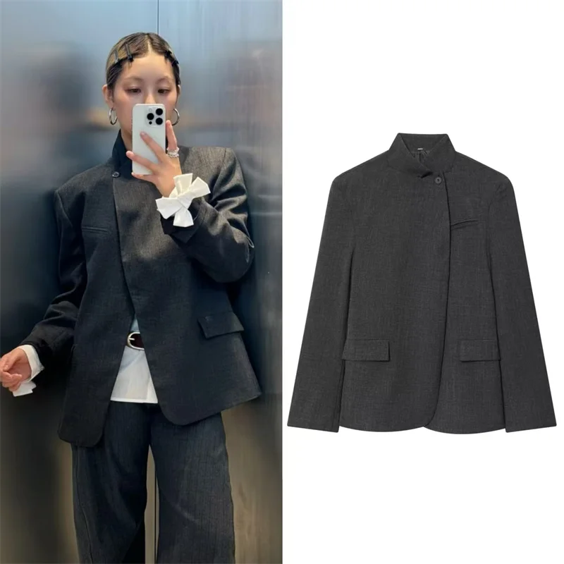 

Женская куртка, осень 2024, новые поступления, серый блейзер с длинными рукавами и карманами, воротником-стойкой, модный повседневный и стильный пиджак