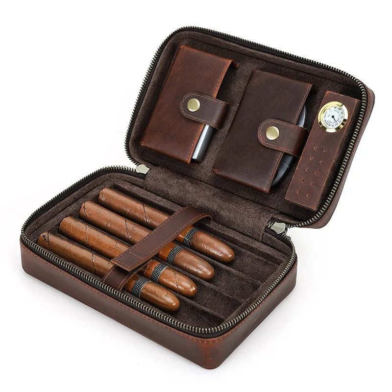Portable cigar box with vintage leather and built-in magnetic hygrometer
