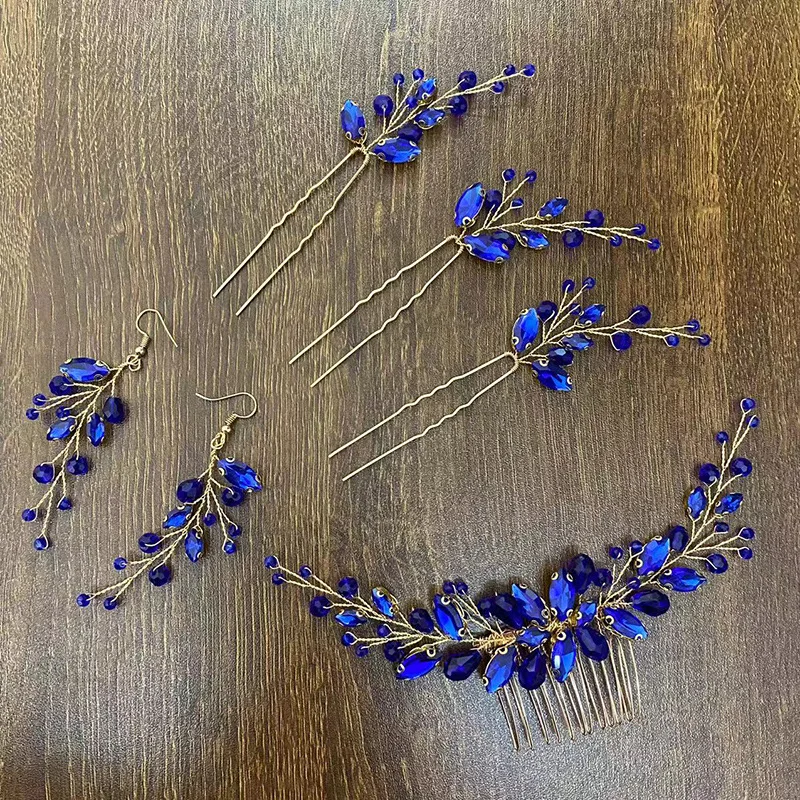 

Blue Color Crystal Hair Pins Wedding Jewelry Accessories Head Decoration Bride Headdress Women Tiara Hair Bands Hair Vine