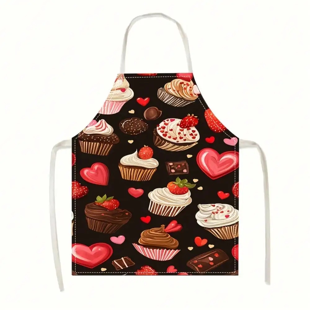 Cute Cupcake Apron, Sweet Heart and Strawberry Print Kitchen Cooking Bib, Novelty Gift for Bakers, Brown Cotton Kitchenwear
