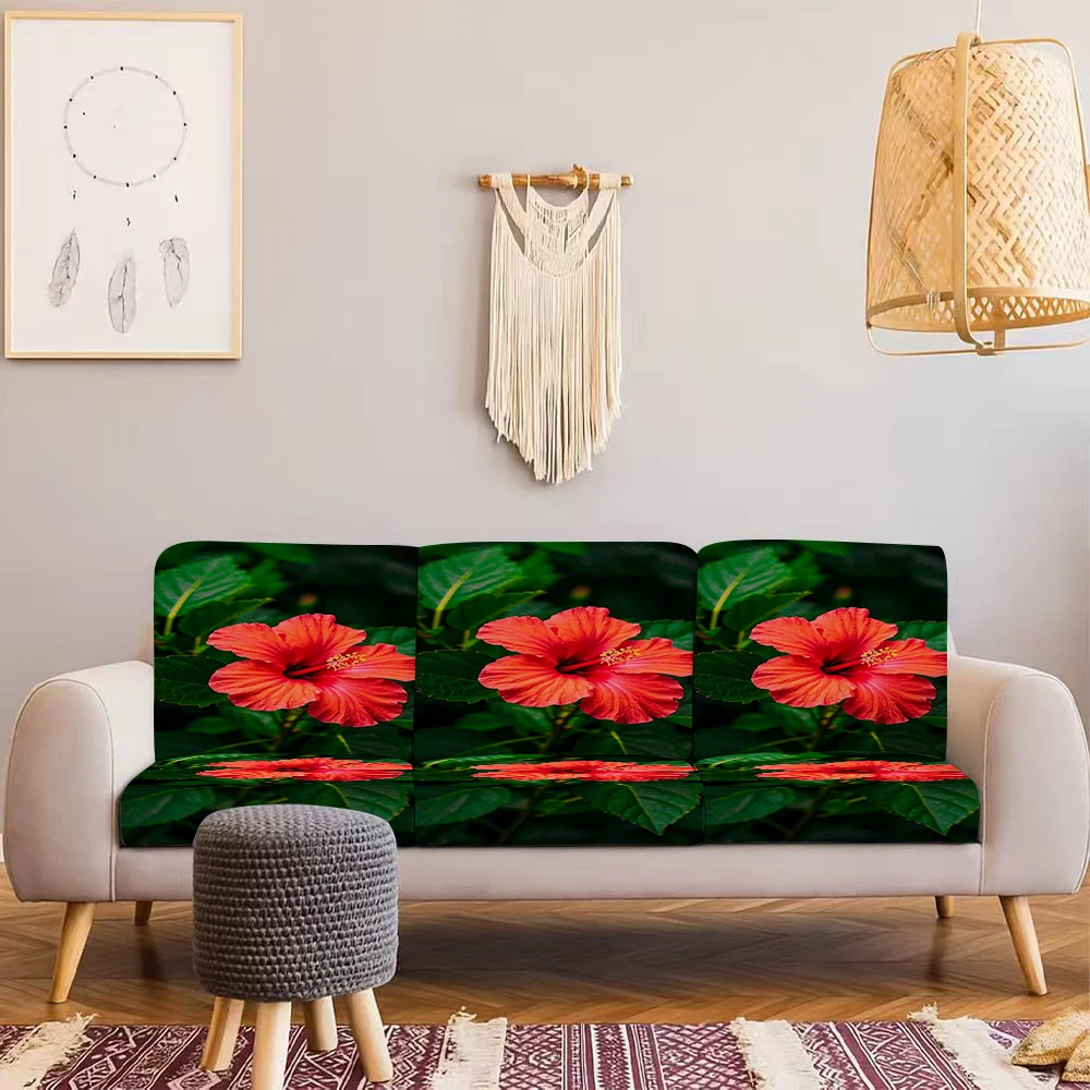 Summer Outdoor Sofa Cover with Red Hibiscus Flower Print, Elastic Milk Silk Slipcover for Indoor/Outdoor Use,