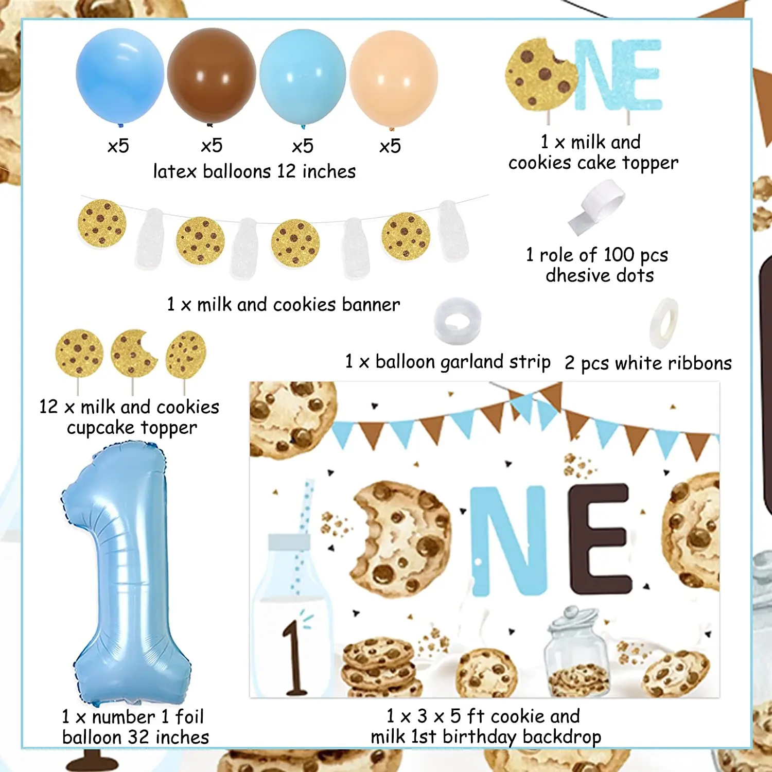 JOYMEMO latte e biscotti decorazioni per la prima festa di compleanno con latte e biscotti Banner sfondo numero 1 Foil Balloon Cake Topper