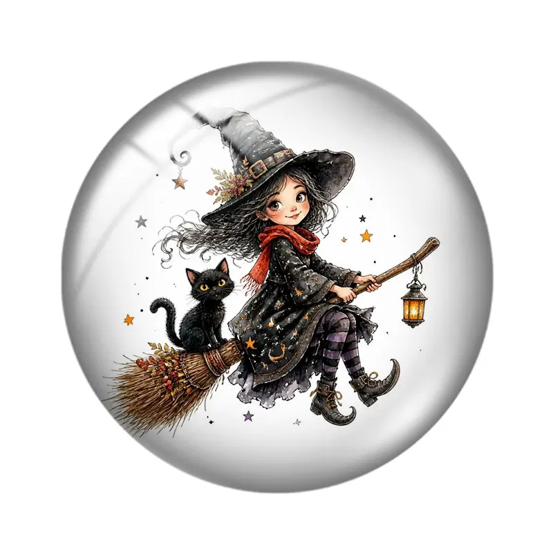 Watercolor Witch and Cat 12/18/20/25mm Glass Cabochon Bracelet Pendant Rings for Jewelry Demo Earrings Back Making Findings