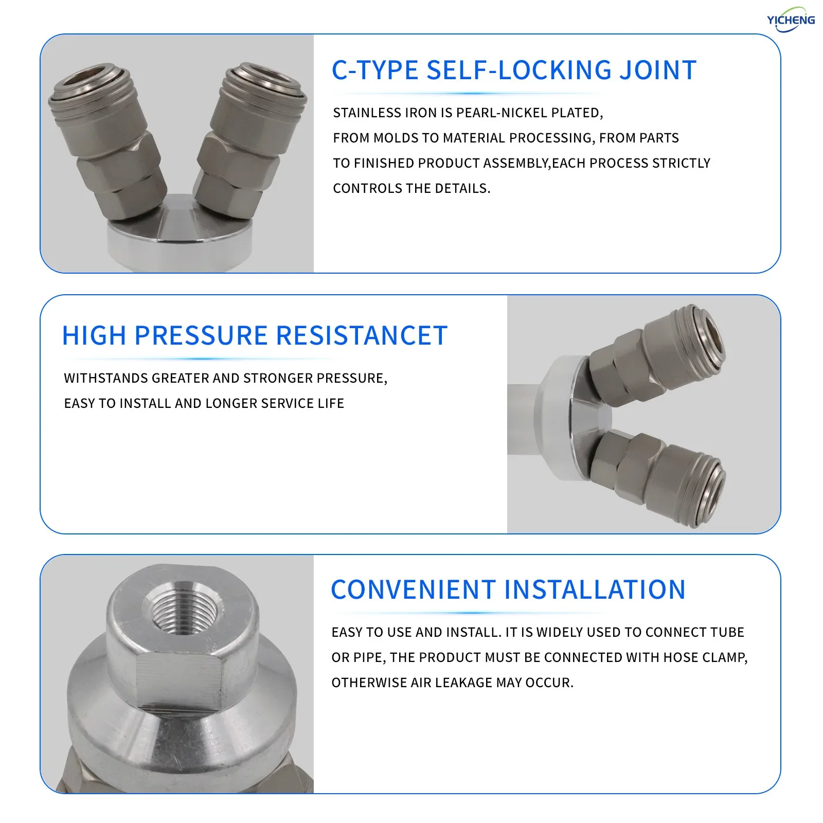 YICHENG PNEUMATIC Connettore rapido autobloccante. pompa dell'aria, compressore d'aria, connettore a 2 passaggi, corpo in acciaio al nichel Premium