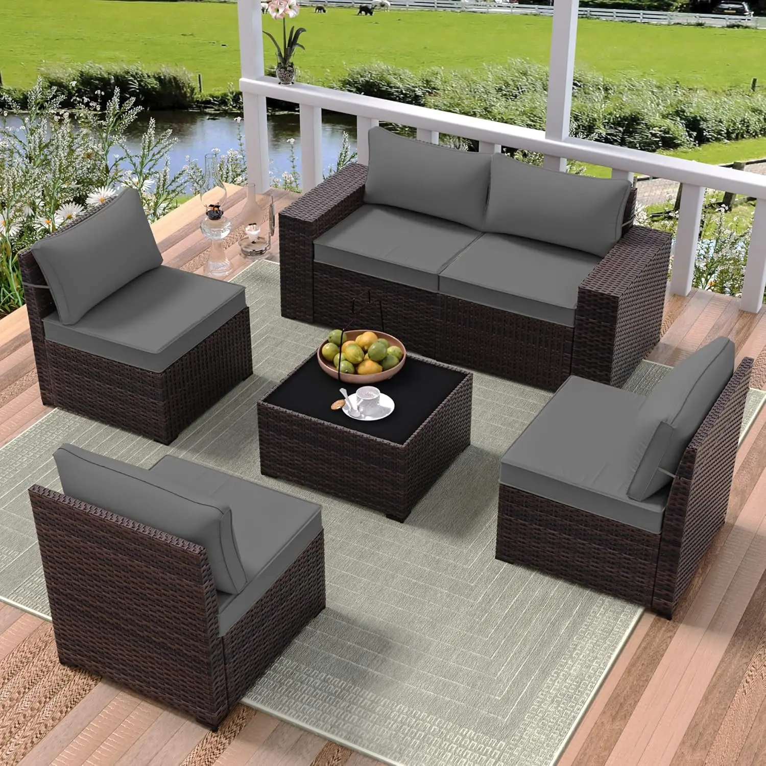 Outdoor PE Wicker Furniture Set, All Weather Pátio sofá secional, Conjuntos de Conversa Modular, 6 Pcs