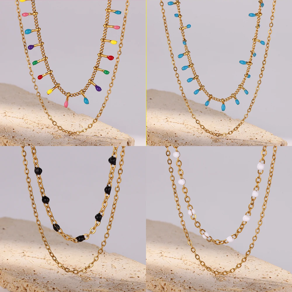 

Double Layer Bohemian Colorful Bead Necklace For Women Stainless Steel Gold Color Clavicle Chain Aesthetic Boho Jewelry Gifts