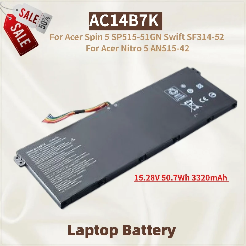 

Laptop Battery 15.28V 50.7Wh 3320mAh AC14B7K For Acer Nitro 5 AN515-42 Spin 5 SP515-51GN Swift SF314-52 Brand New High Quality
