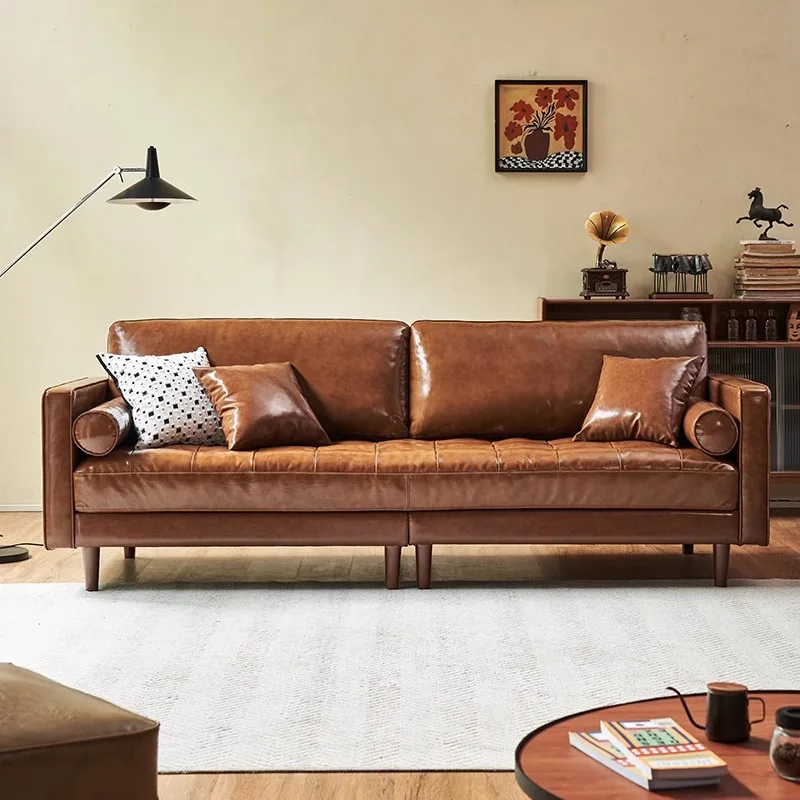 Retro oil wax leather medieval sofa first layer cowhide small apartment Nanyang wind straight row light coffee leather sofa