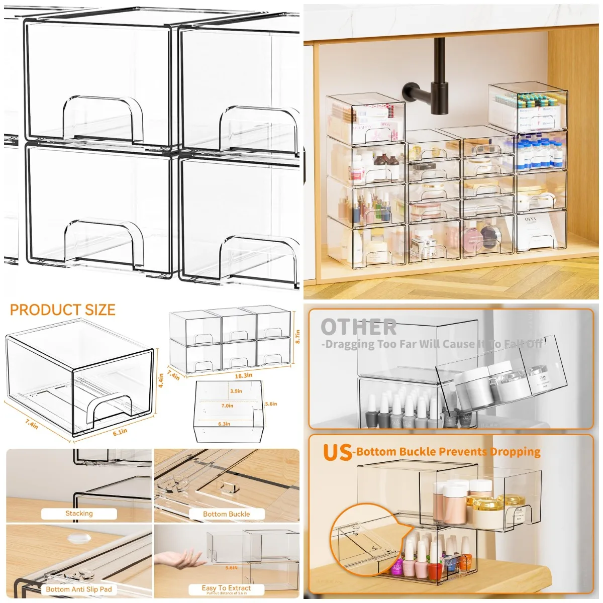 

6 Pack Stackable Acrylic Drawers, 4.4' Tall Clear Storage Bins for Bathroom Vanity, Under-Sink & Medicine Cabinet