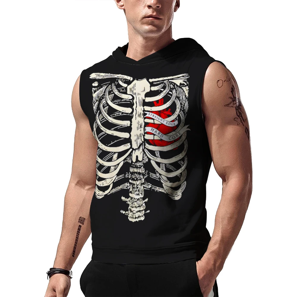 Men's Black CM Punk Ribcage Sleeveless Hoodie Outdoor Sports Quick Drying Breathable Gym Tank Top Daily Casual Hooded Tank