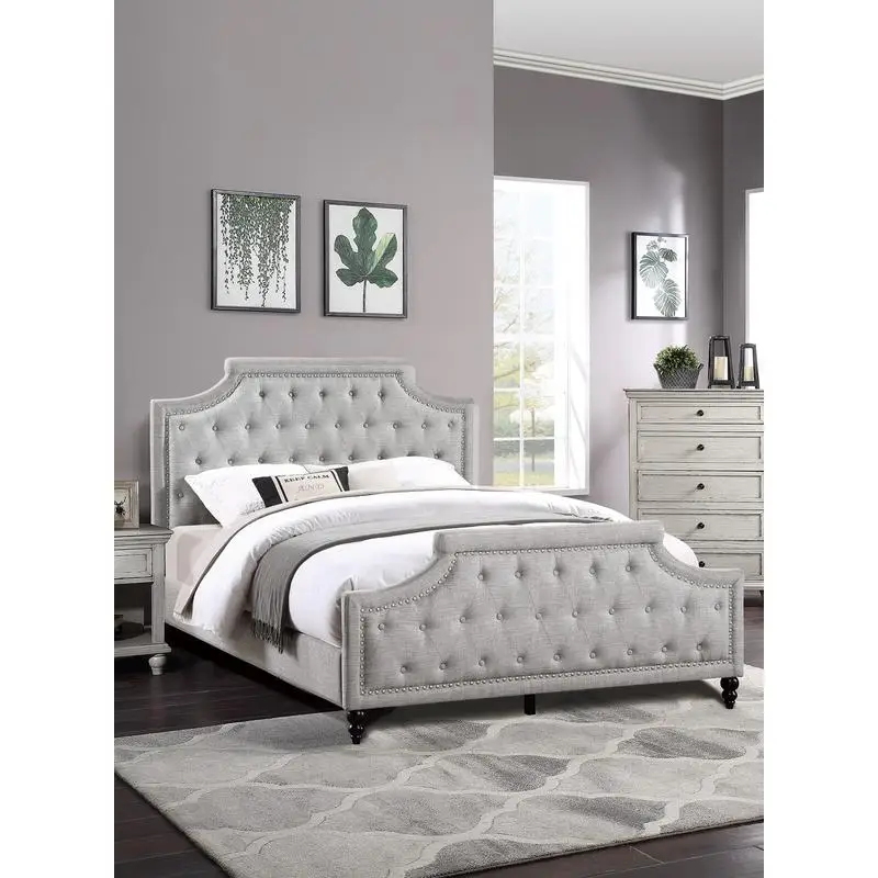 Queen Size Bed with Button Tufted Headboard and Footboard, Grey Polyfiber, American Traditional Style, Bedroom Furniture