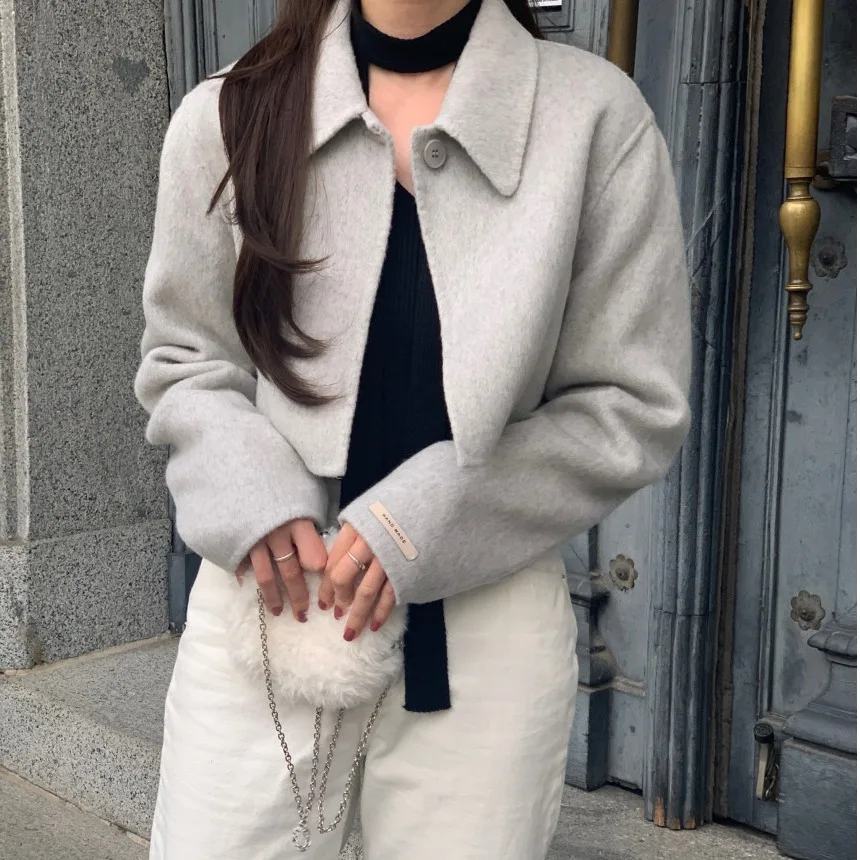 

Ele ort Шерстяное пальто женское с отложным воротником на одной пуговице свободное универсальное маленькое размер све Long Sve Pure Color