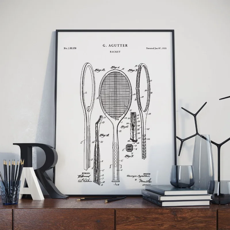 Vintage 1921 Racket Patent Posters and Prints Retro Tennis Canvas Painting Wall Art Picture for Living Room Home Decor