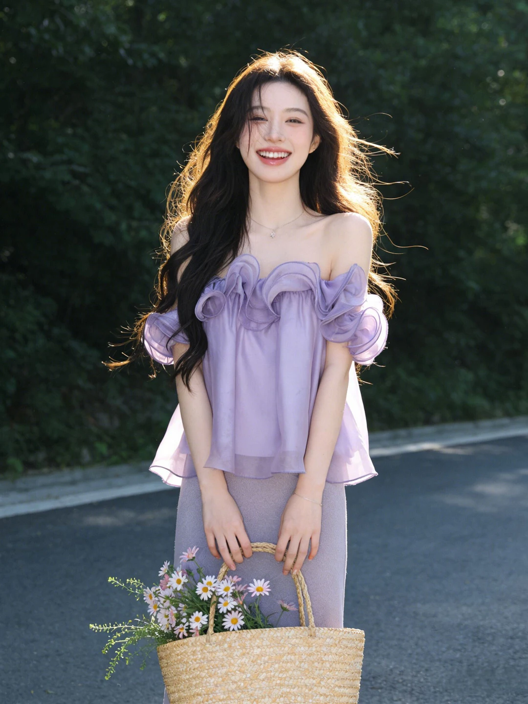 

Unique Shoulder Bared Short Chiffon Top Gentle Style Summer 2026 Fashionable Female Clothing Lace Shirt Unique Beauty Small Top