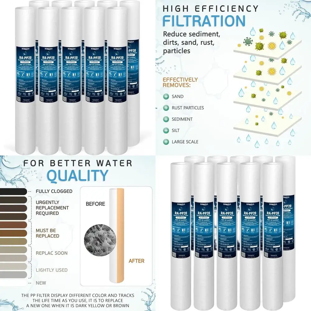 

Картридж для фильтрации осадка 20 x 2,5 дюйма, 5 микрон, сертифицированный, 4-слойная фильтрация, 10 штук в упаковке для систем очистки воды для всего дома