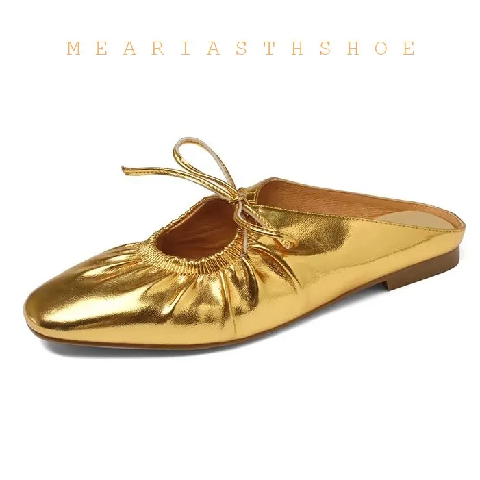 

Women Pleated Flats Simple Style Daily Shoes Ladies Silver Shoes Spring Autumn Flats Gold Mule Lace-Up Women Basic Loafers