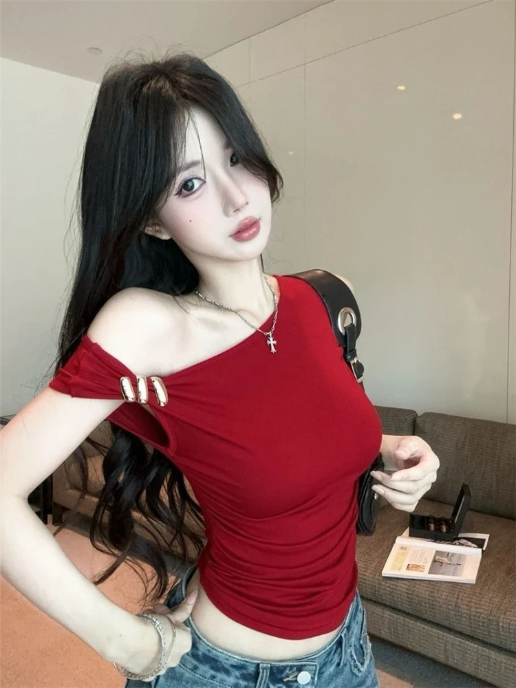Summer Chic Sexy Asymmetric Off-shoulder Cami Top Women Sleeveless Slim-fit Red Vest Fashionable Street Style For Night Out