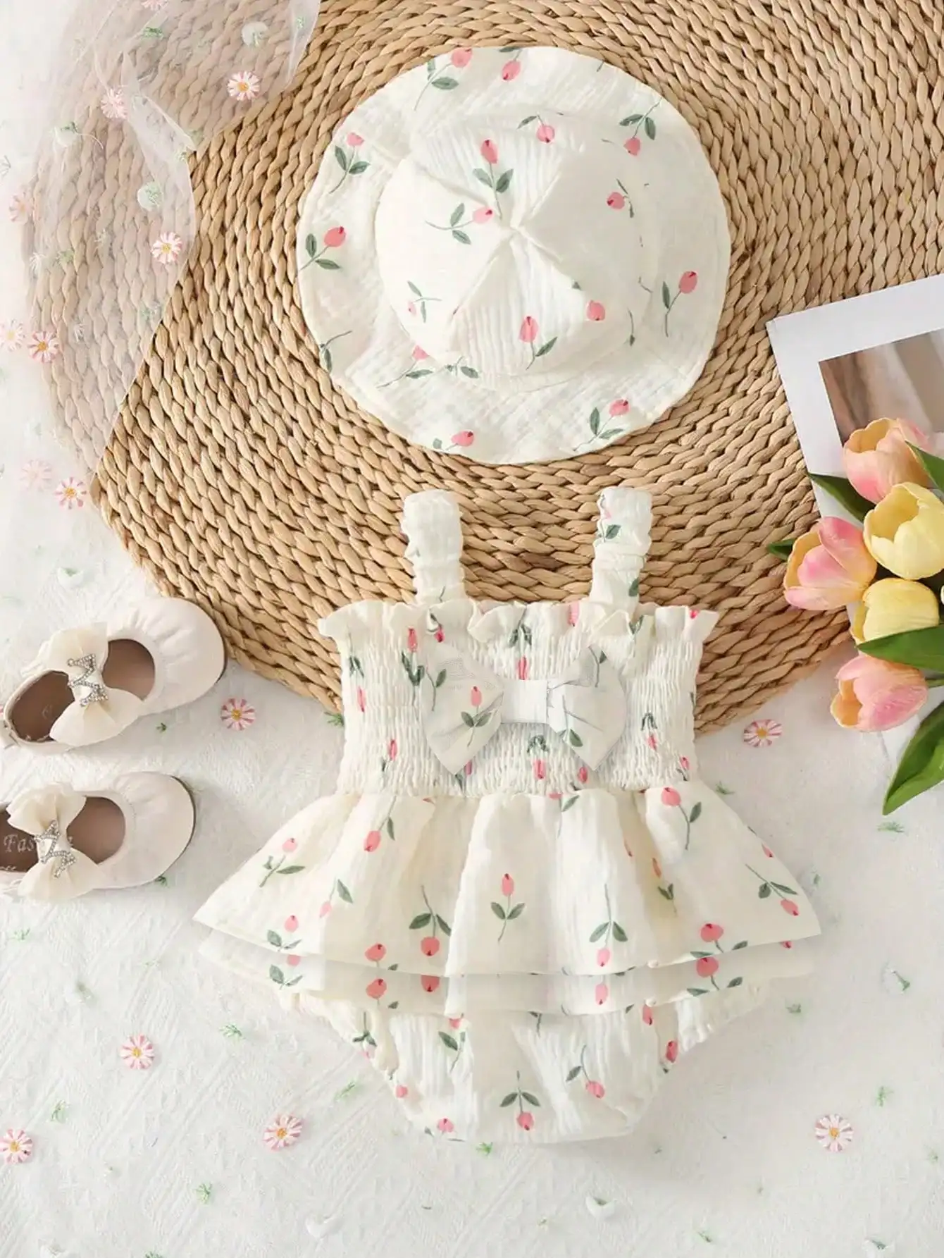 Infant Baby Girl Summer Cute Bow Accent Floral Print Double Layer Hem Jumpsuit Matching Hat